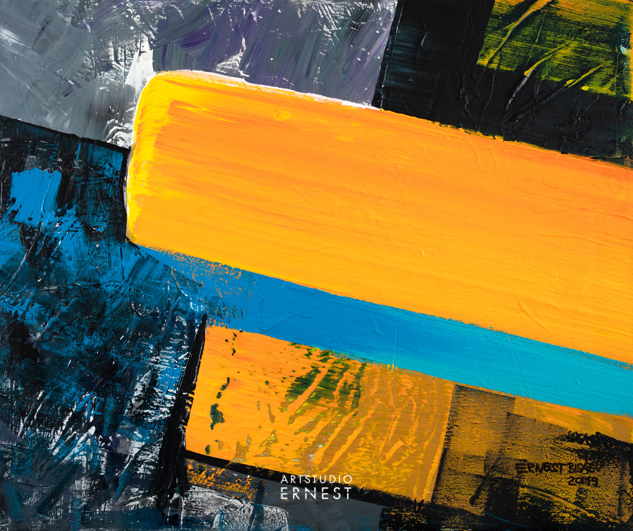 Gray, Yellow and Blue 220719, Acrylfarbe auf Leinwand, 50 x 60 CM, 2019 © Ernest Bisaev